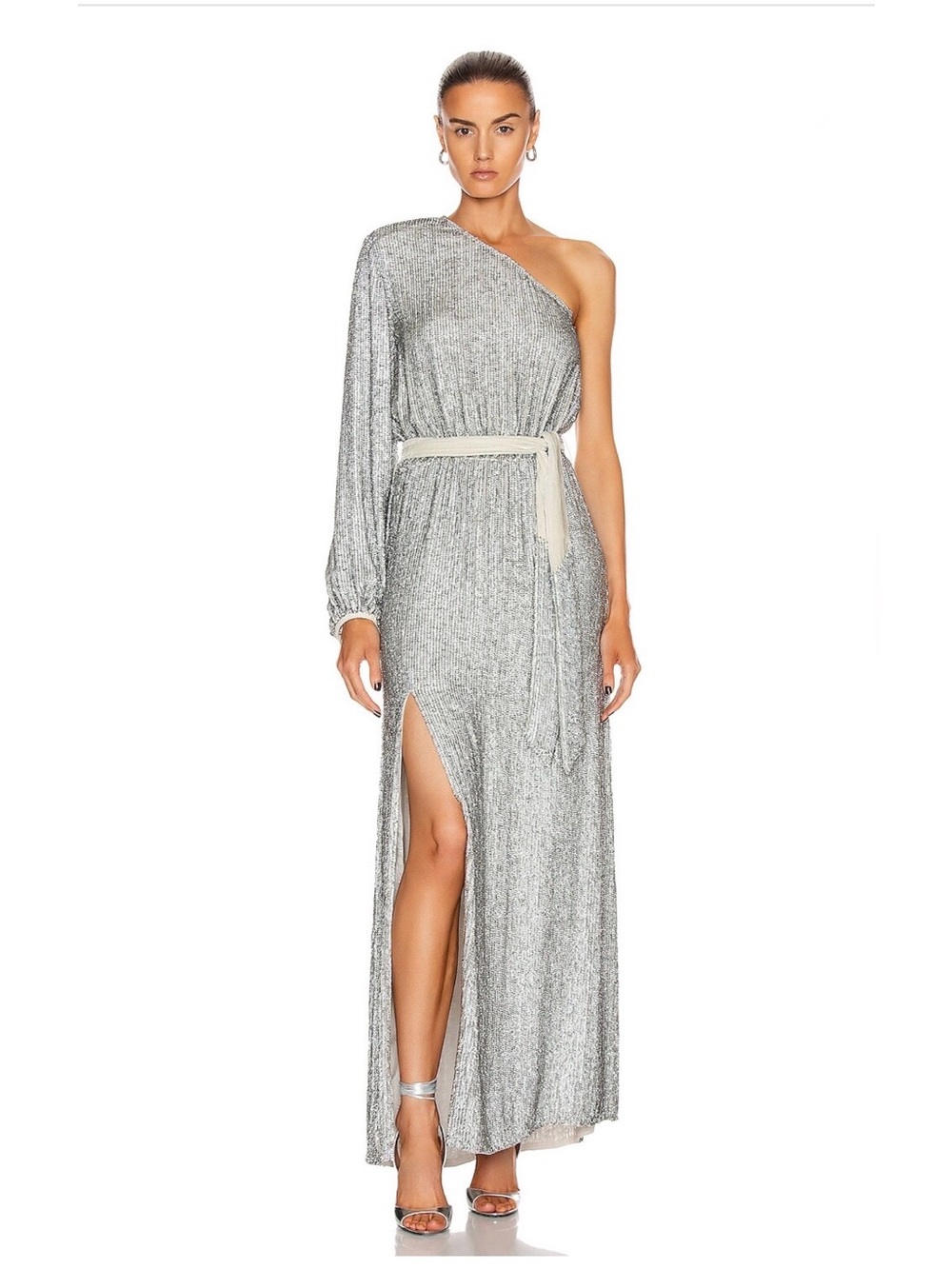 NWT Retrofete Joyce Ivory One-Shoulder Sequin Gown with Sash size Small